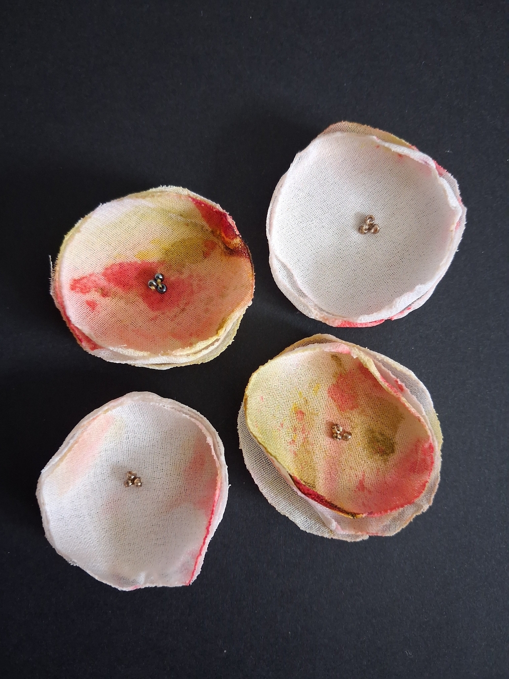 Handmade Fabric Flower Appliqués in Coral, Yellow & Cream